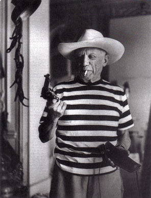 Picasso with pistol and cowboyhat, 1958